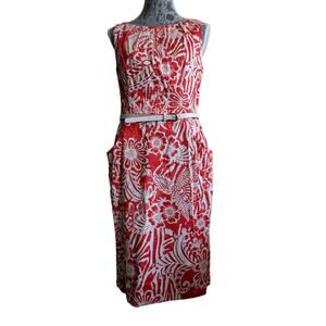 Nine West Printed Sheath Dress Floral Red White Pockets Belt 8